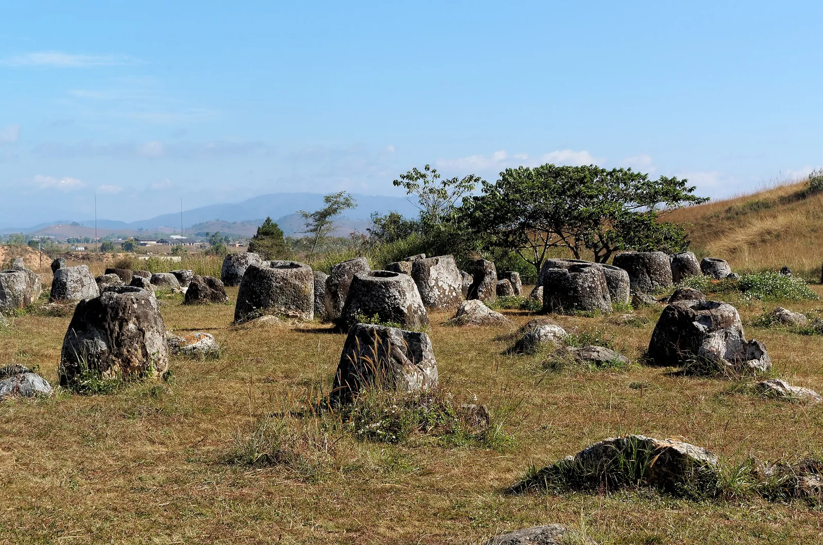 A field of ancient stone jars under a wide sky on the Plain of Jars near Phonsavan