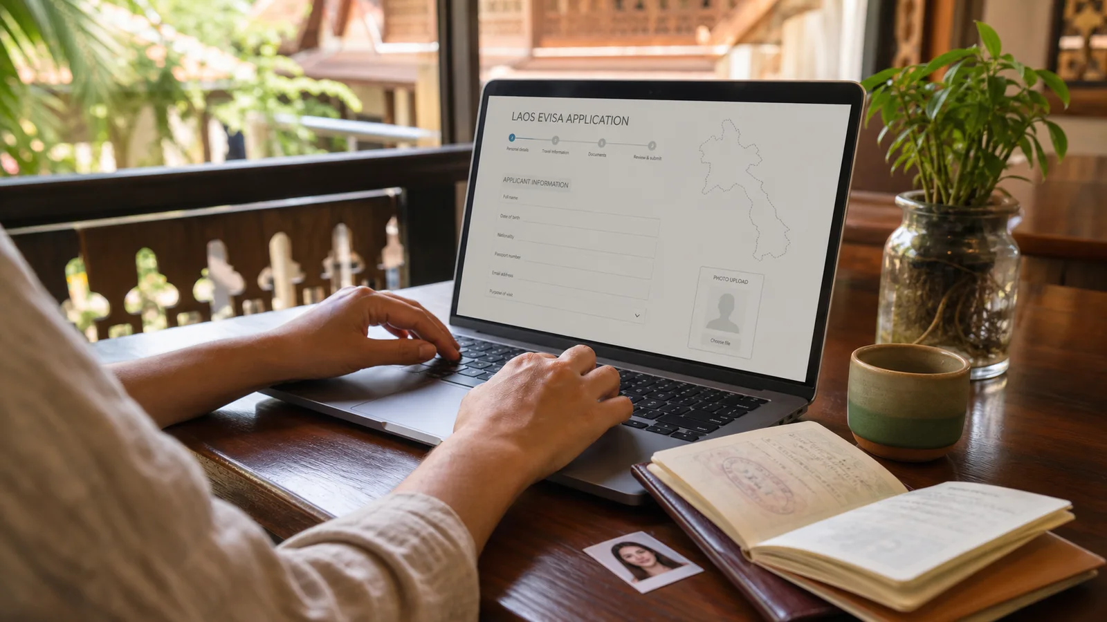 Traveller preparing a Laos eVisa application online with a passport