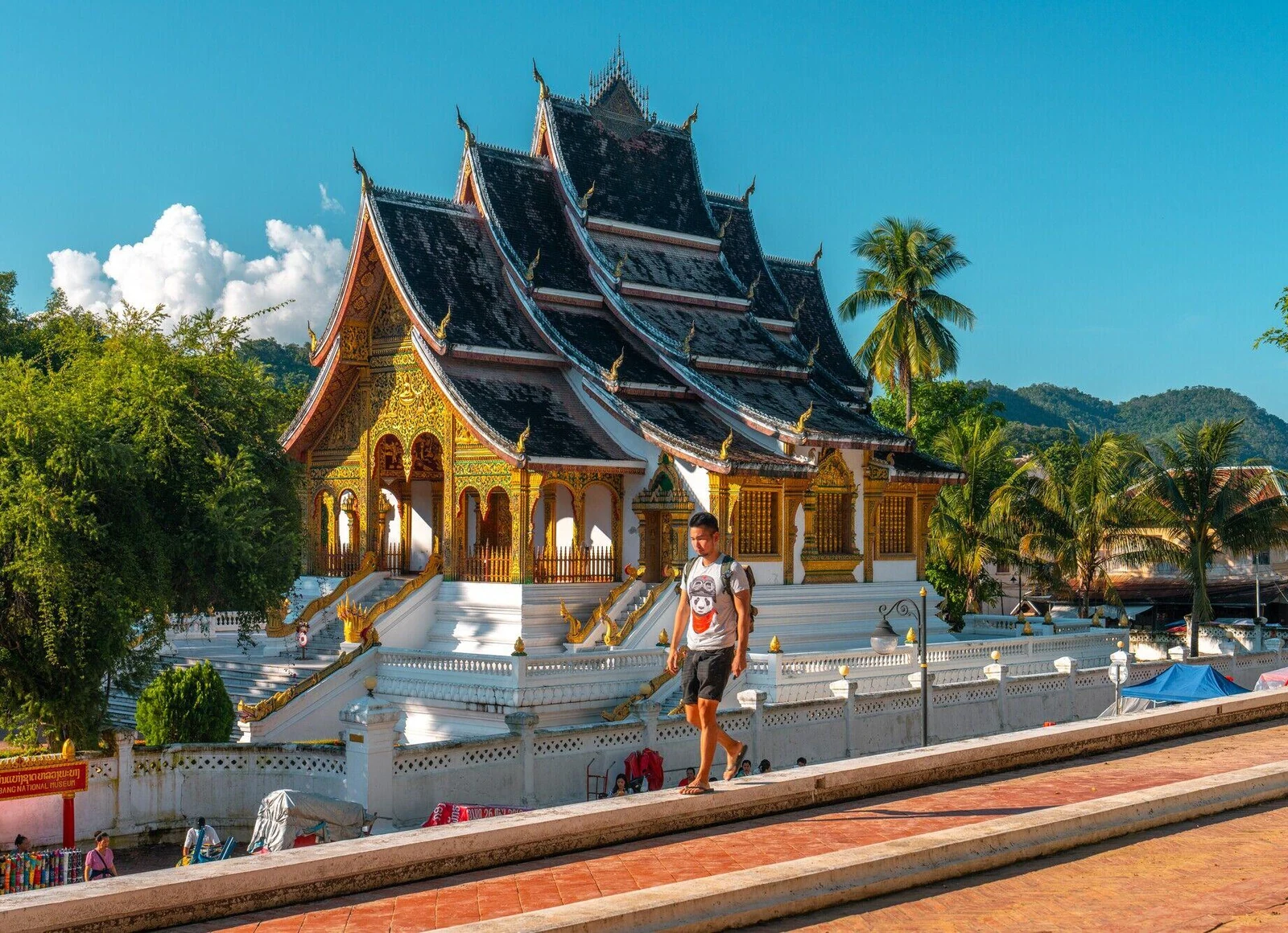 Golden temple architecture and palm trees in Luang Prabang