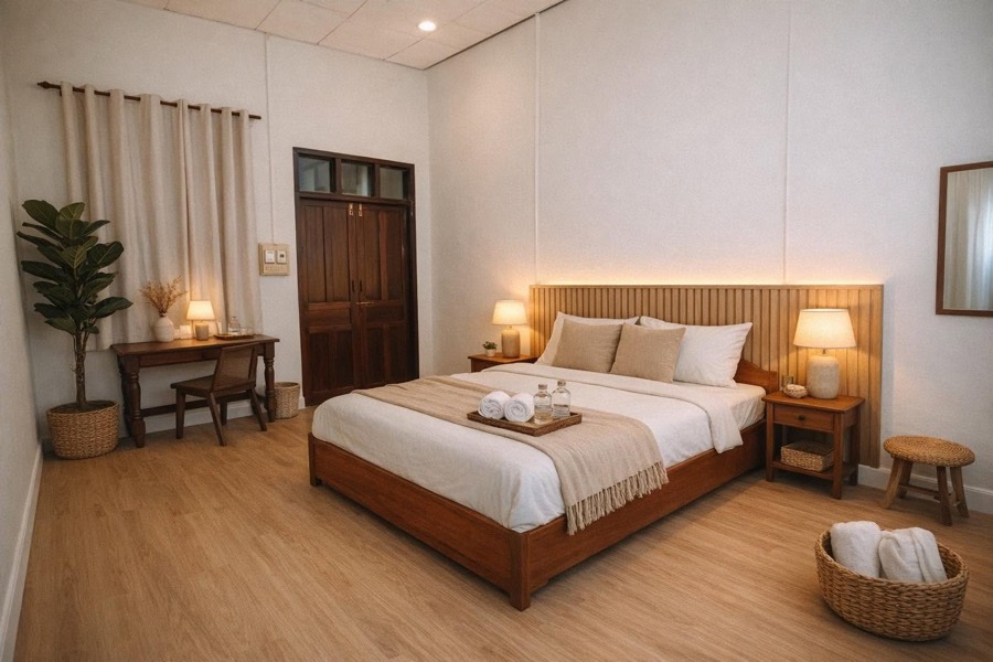 A room with a wooden platform bed, slatted headboard and writing desk on a pale wood floor