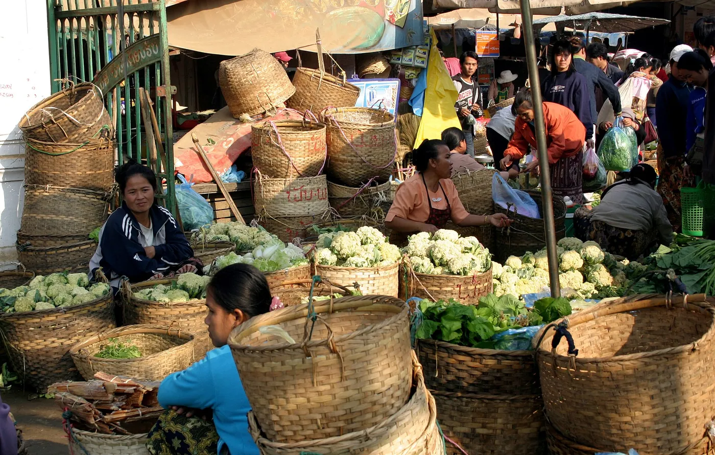 Vendors with woven baskets of vegetables at the Luang Prabang morning market